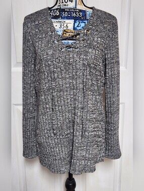 Chenault Womens Black Heathered Ribbed Knit Top With Lace Up Women's Size Large